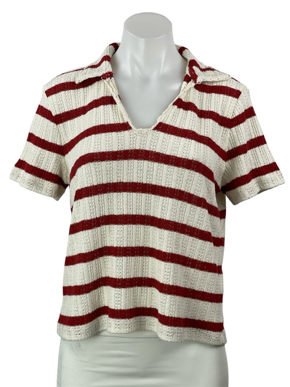 Madewell Women's Cream Red Striped Pointell Knit Short Sleeve Polo Shirt Top M